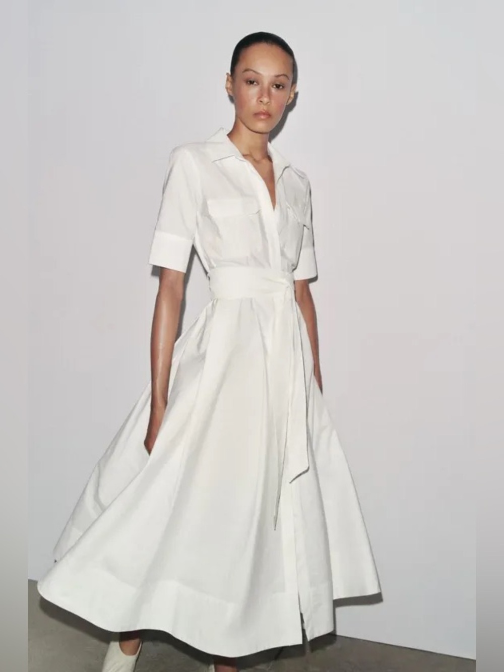 ZARA ZW Collection White Belted Poplin Midi Shirt Dress XL NWOT